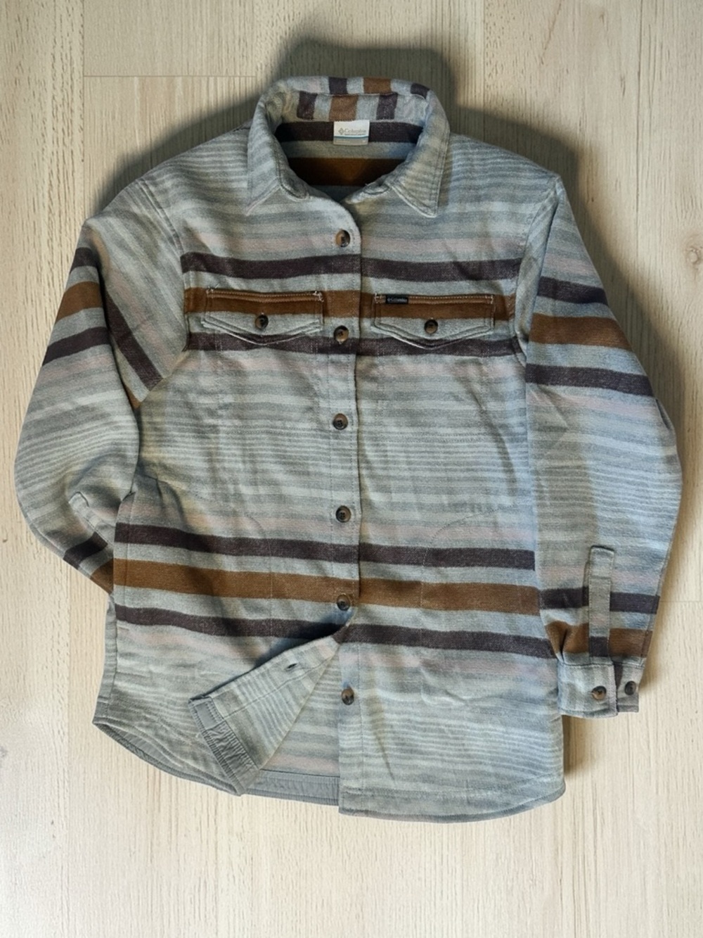 Women's Striped Columbia flannel Shacket- Gray, Brown, and Plum Size M